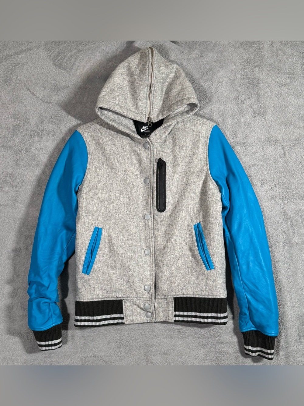 Nike Sportswear NSW Destroyer Varsity Jacket Womens M Hooded Wool Leather Grey